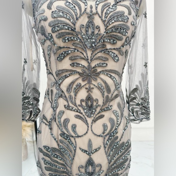 AIRE mother of bride dress gray long-sleeved embroidered sequin slim dress - Picture 3 of 8